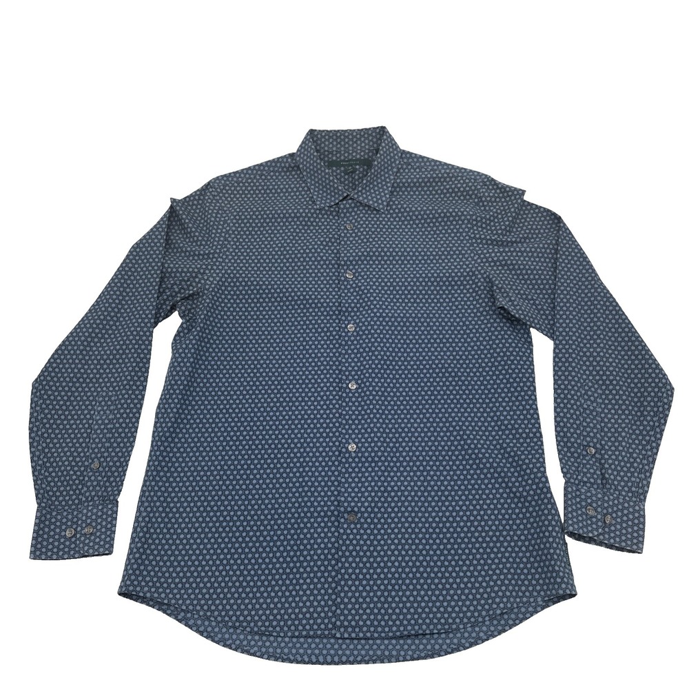Perry Ellis Slim Fit Stretch Shirt Mens Large Dark Blue Long Sleeve Geometric